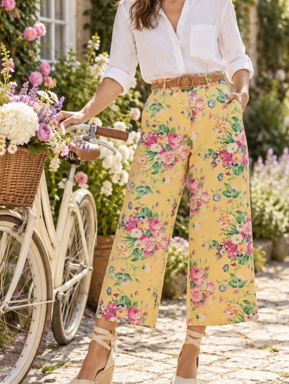 Romantic Cottagecore Lauren Ralph Lauren Yellow Rose Floral Wide-Leg Capri Pants